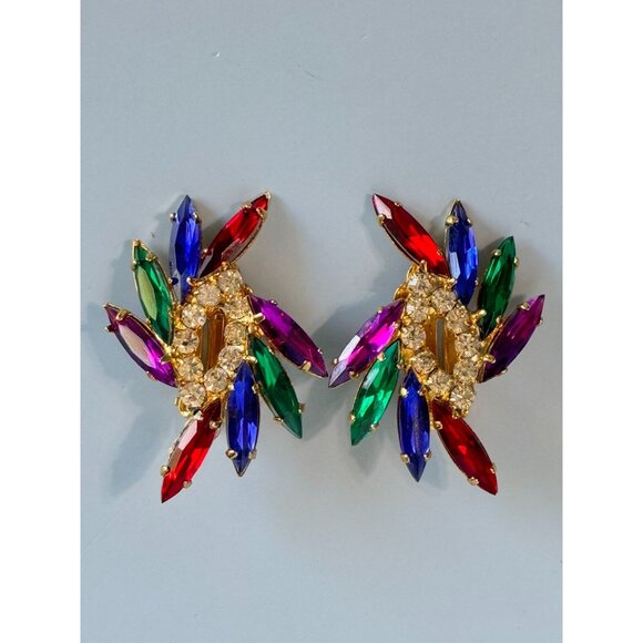 Vintage Multicolor Rhinestone Clip-On Earrings 1 1/2" Gold Tone Finish - Picture 3 of 5